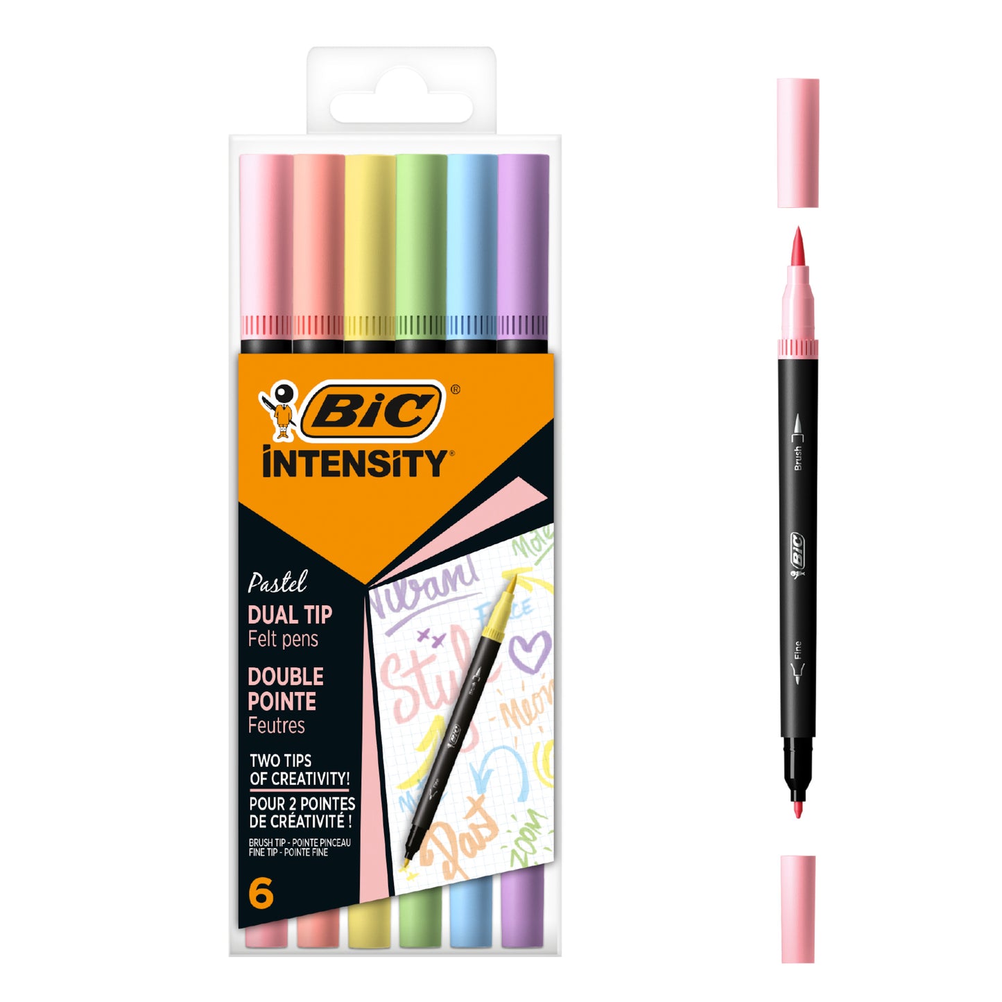 6 Canetas de Feltro Bic Intensity Ponta Dupla Pastel