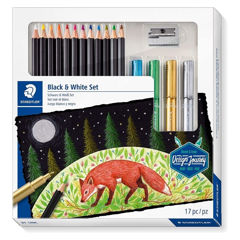 12 Lápis de Cor Staedtler Black White com 4 Marcadores Cores Metalizadas + Afia Lápis