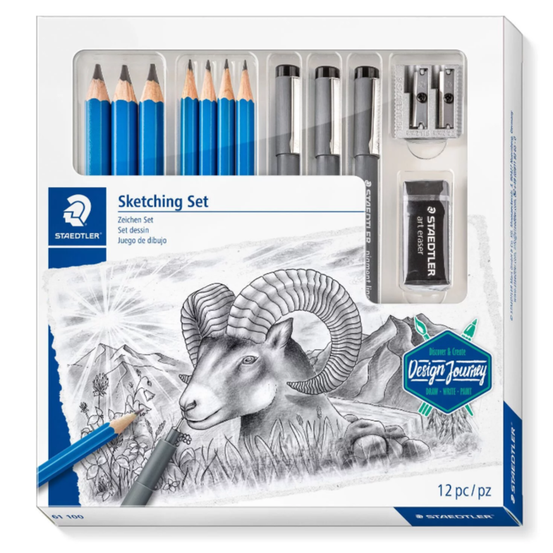 12 Lápis de Carvão Staedtler com 3 Canetas De Ponta Fina + Afia Lápis