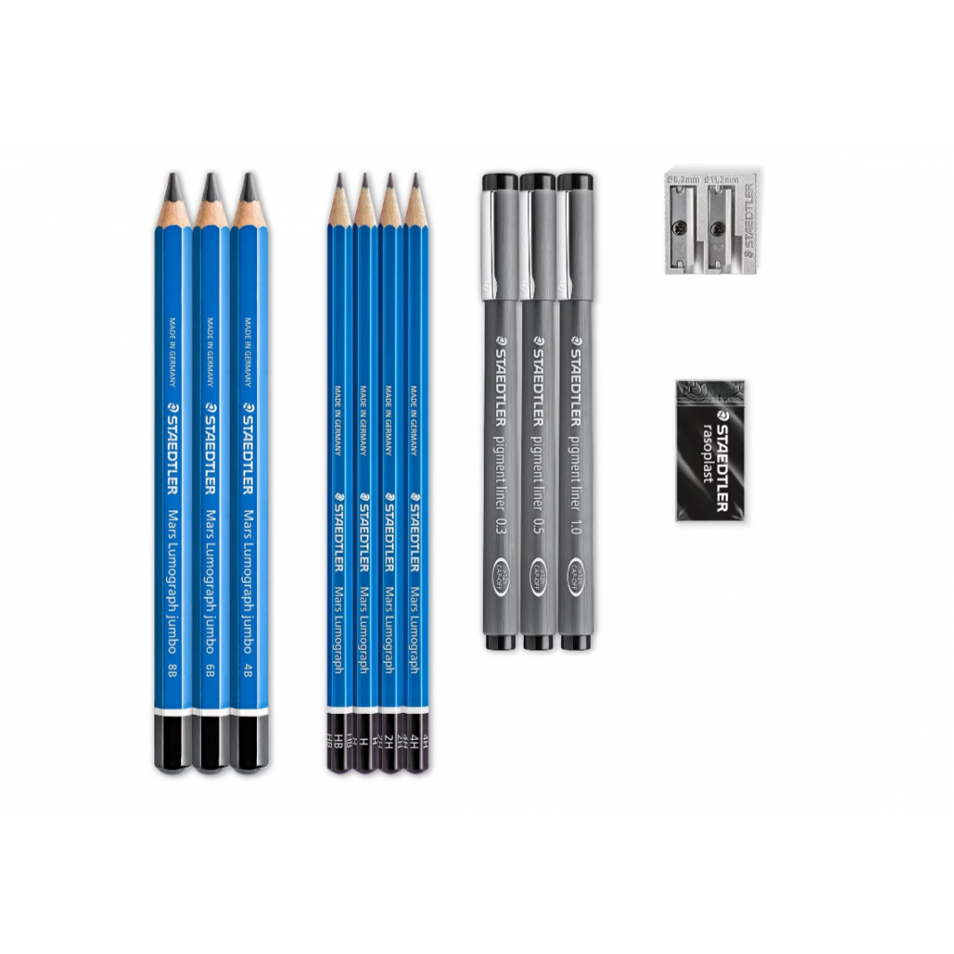 12 Lápis de Carvão Staedtler com 3 Canetas De Ponta Fina + Afia Lápis
