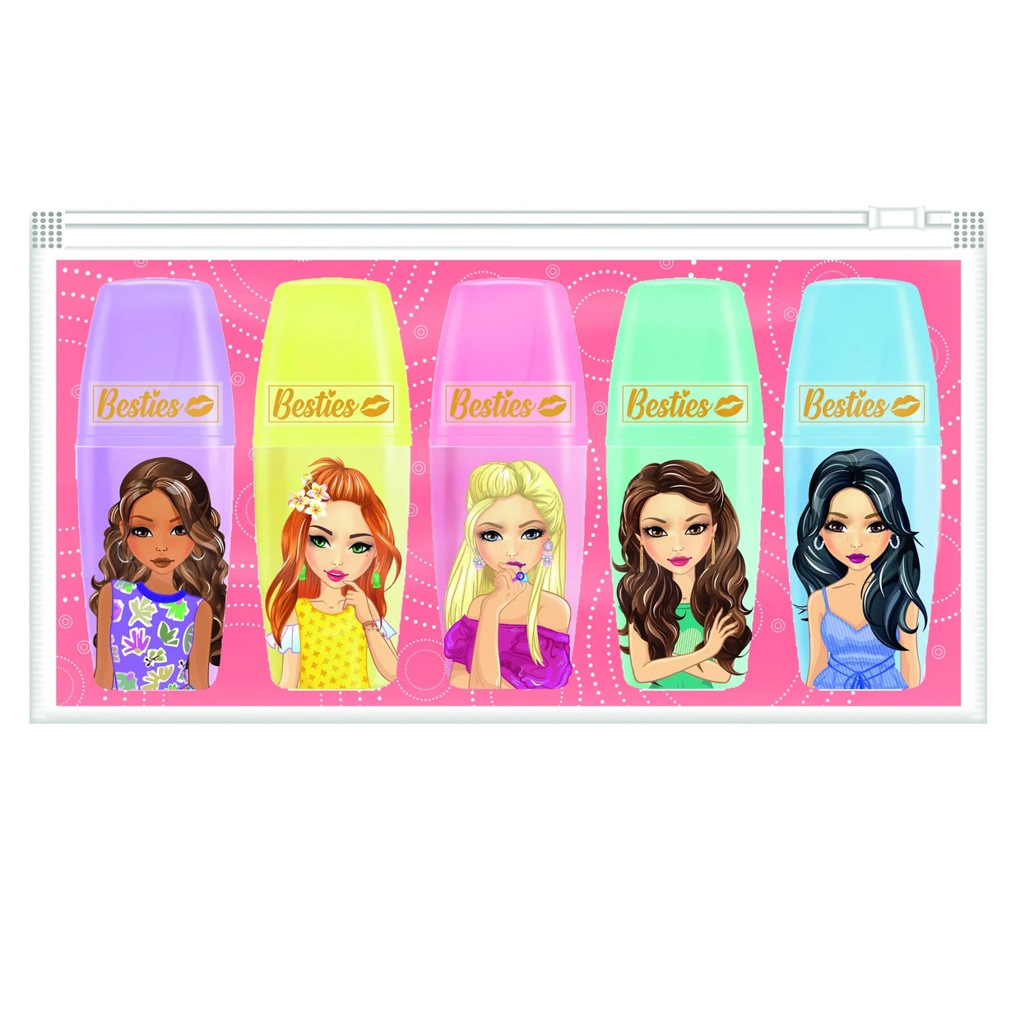 Conj. 5 Marcadores p/ Sublinhar Besties c/ Bolsa
