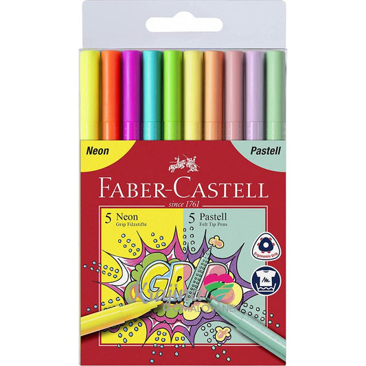 10 Canetas de Feltro Grip Neon Faber-Castell