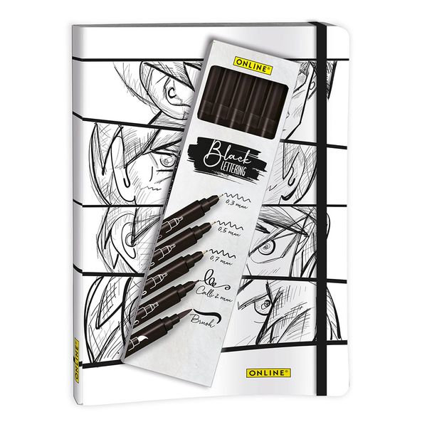 Conjunto de Desenho - Caderno + Canetas De Desenho Preto