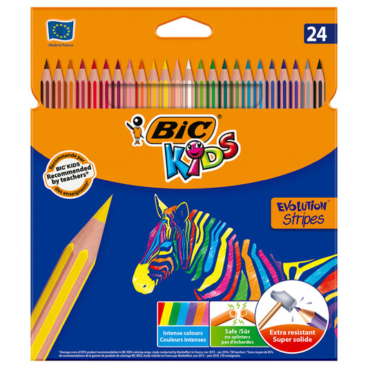 24 Lápis de Cor BIC Kids Evolution Stripes, Corpo Hexagonal, Minas de Várias Cores